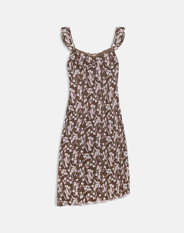 Motel Rocks Daita Midi Dress In Chiffon Polka Flower Brown
