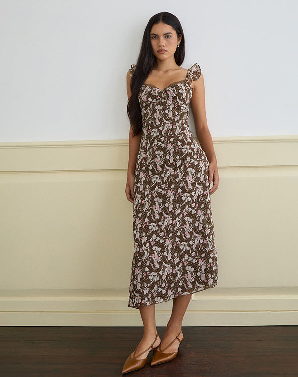 motel rocks Daita Midi Dress in Chiffon Polka Flower Brown