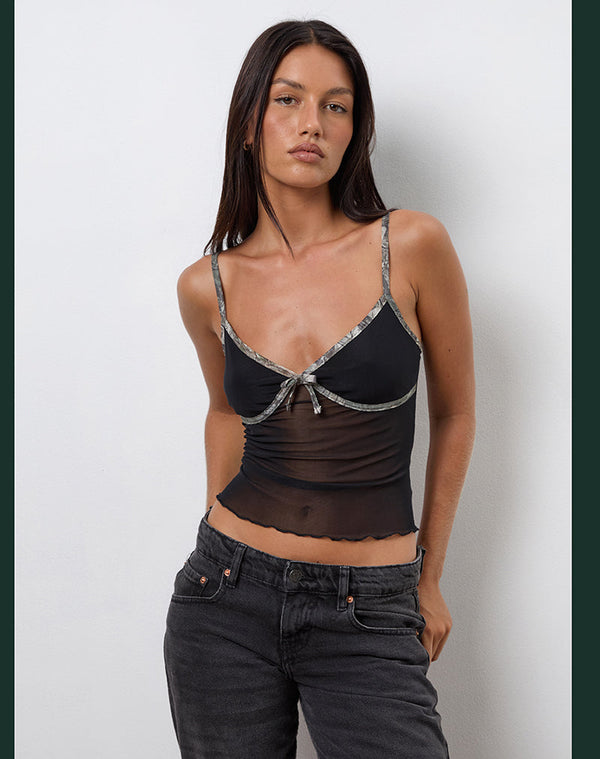 Motel Rocks Dalan Cami Top In Black Mesh With Forest Camo Trim