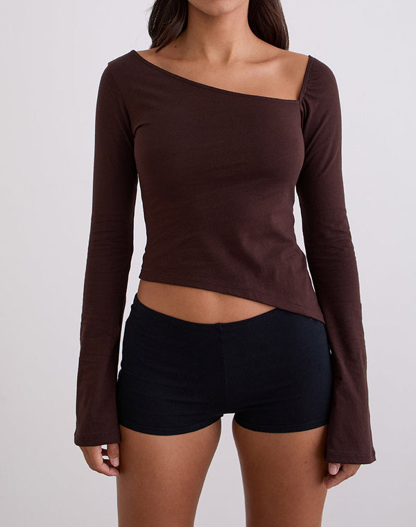 Motel Rocks Dalene Asymmetric Long Sleeve Top In Bitter Chocolate