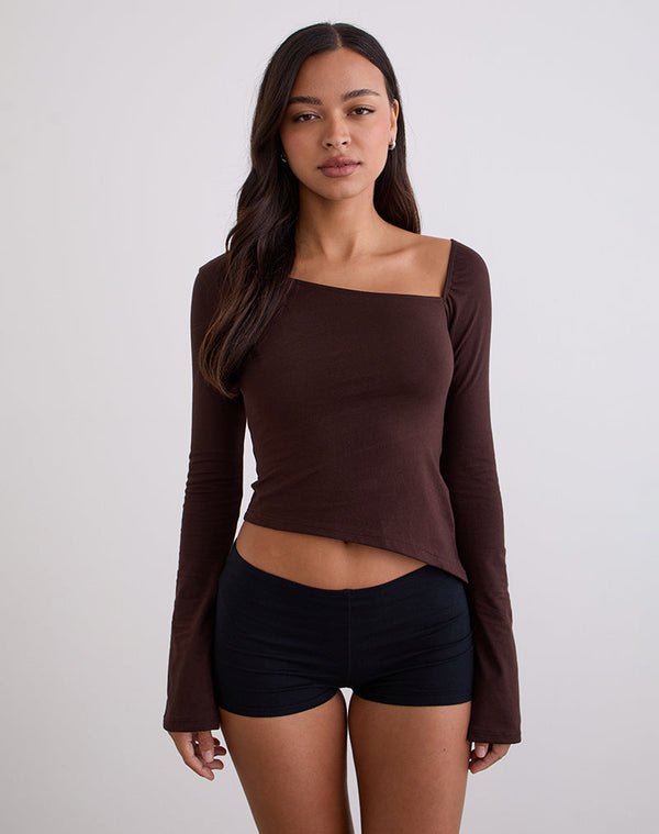 motel rocks Dalene Asymmetric Long Sleeve Top in Bitter Chocolate