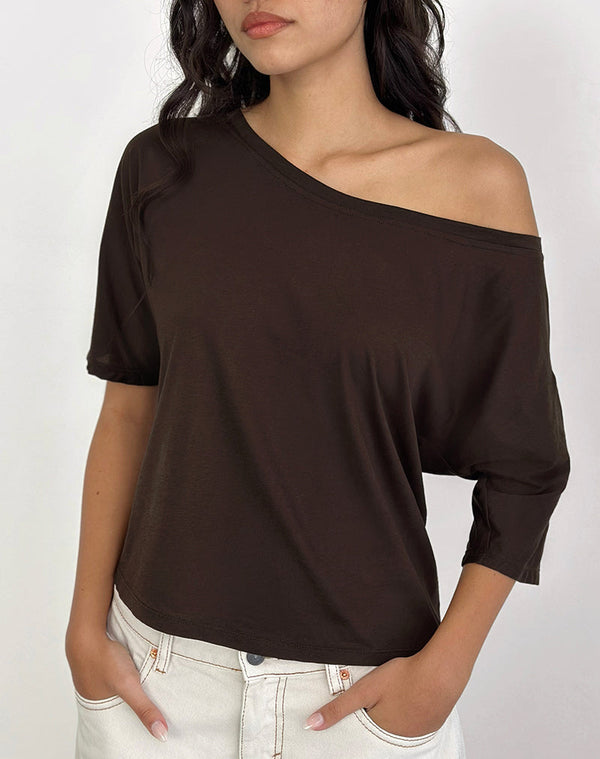 Motel Rocks Daman Off Shoulder Basic Top In Chocolate Brown