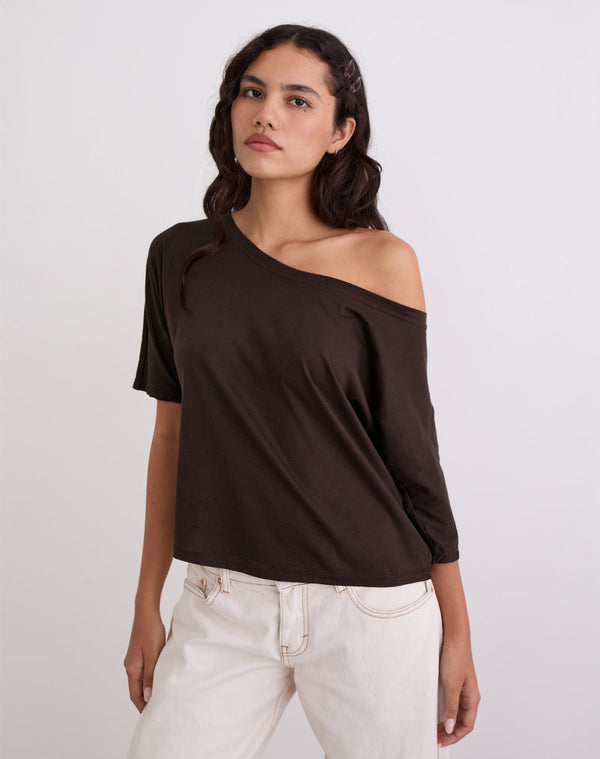 Motel Rocks Daman Off Shoulder Basic Top In Chocolate Brown