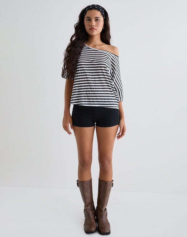 Motel Rocks Daman Off Shoulder Basic Top In Ivory With Charcoal Stripe
