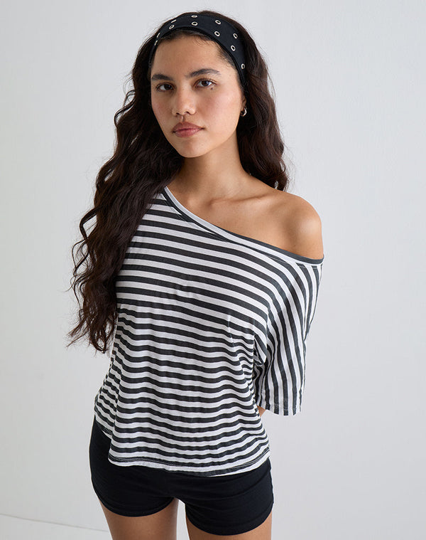 Motel Rocks Daman Off Shoulder Basic Top In Ivory With Charcoal Stripe