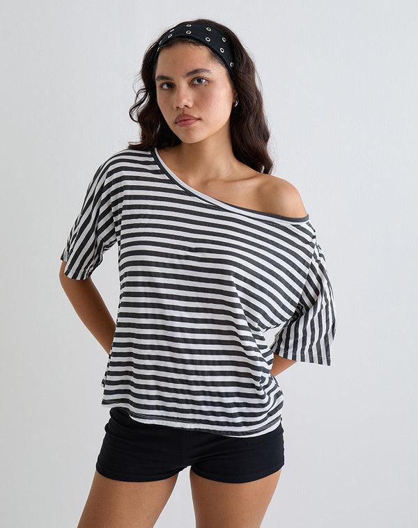 motel rocks Daman Off Shoulder Basic Top in Ivory with Charcoal Stripe