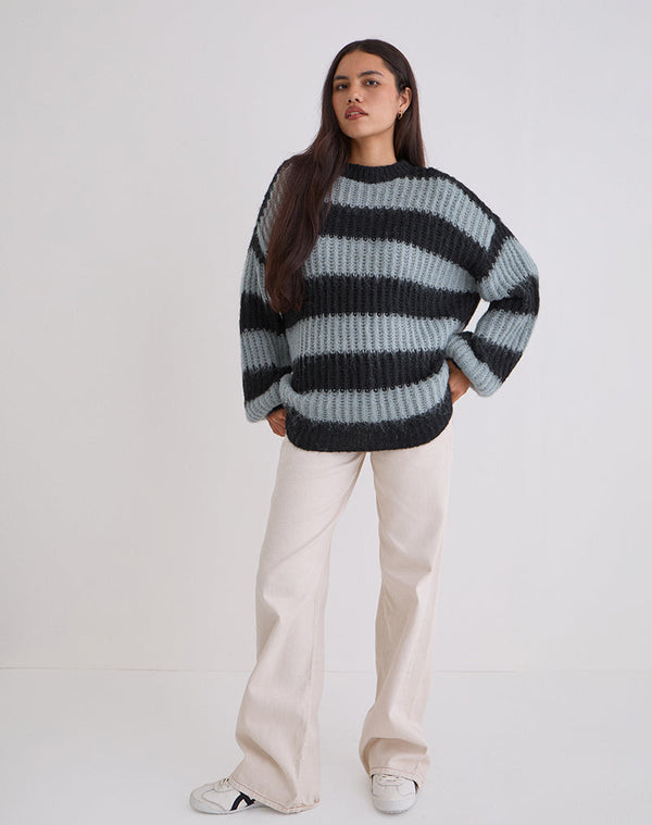 Motel Rocks Daren Jumper In Grey And Charcoal Stripes