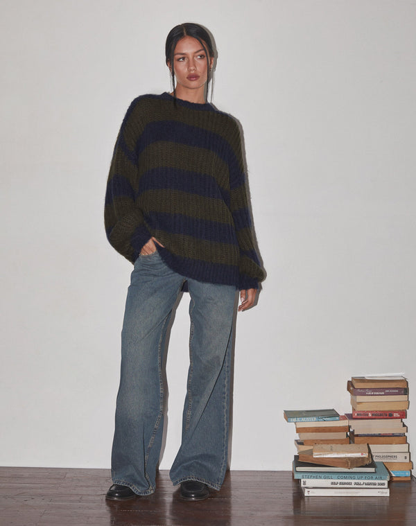 Motel Rocks Daren Knitted Oversized Jumper In Khaki And Navy Blue Stripe