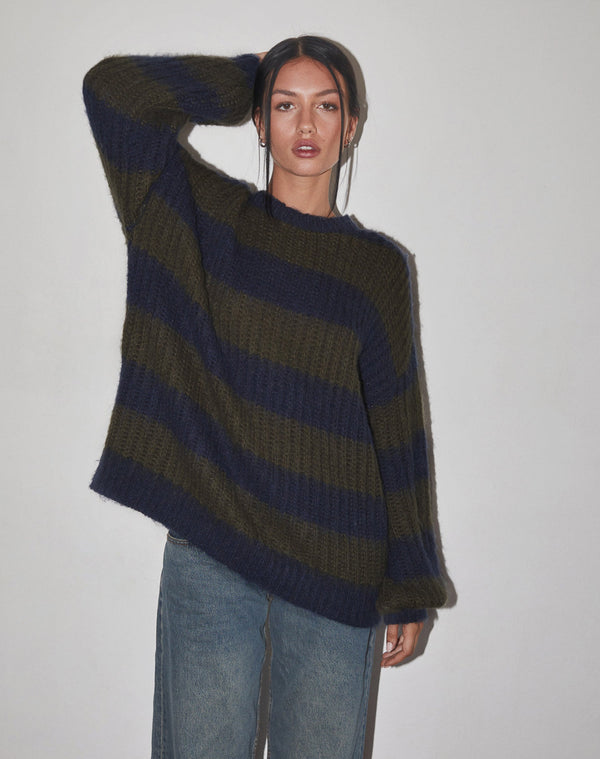 Motel Rocks Daren Knitted Oversized Jumper In Khaki And Navy Blue Stripe