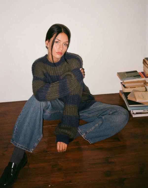 motel rocks Daren Knitted Oversized Jumper in Khaki and Navy Blue Stripe