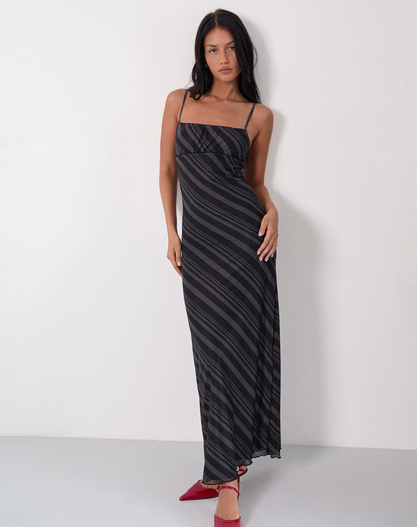 Motel Rocks Darsih Maxi Dress In Irregular Stripe Grey Black