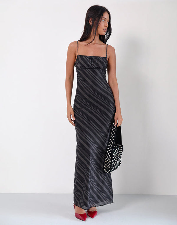 motel rocks Darsih Maxi Dress in Irregular Stripe Grey Black