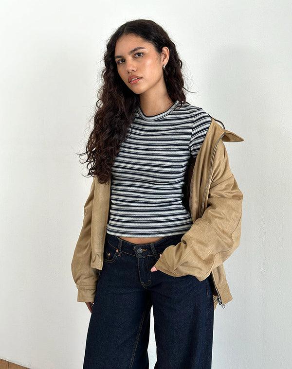Motel Rocks Dartis Top In Navy And Grey Jersey Stripe