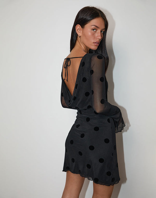 Motel Rocks Dasa Long Sleeve Mini Dress In Big Polka Flock Black