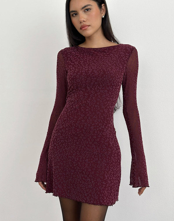 Motel Rocks Dasa Long Sleeve Mini Dress In Flock Mini Leopard Plum
