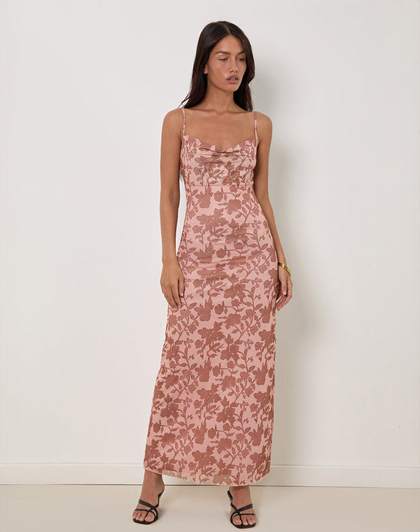 Motel Rocks Dasita Cowl Neck Maxi Dress In Neutral Flower Print