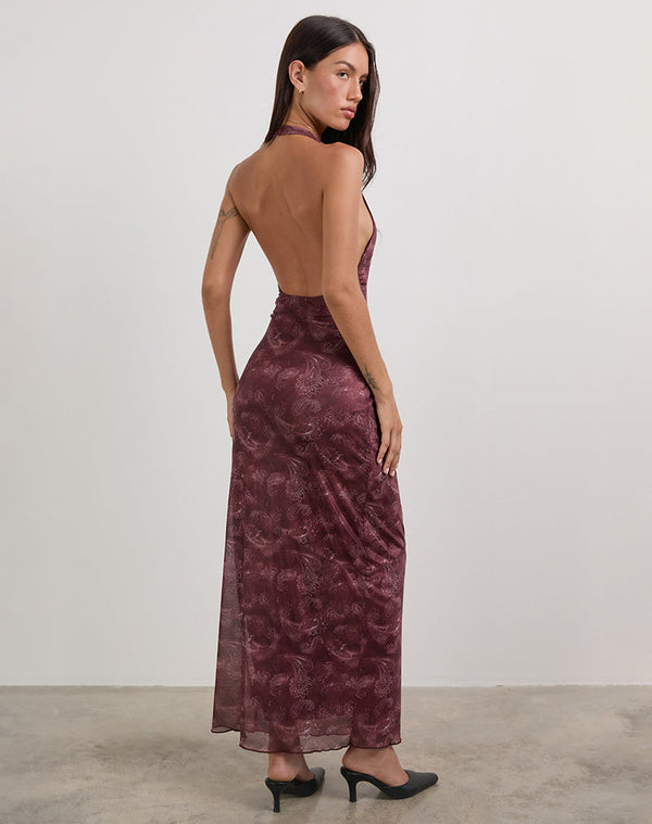Motel Rocks Datari Maxi Dress In Mesh Tonal Paisley Plum