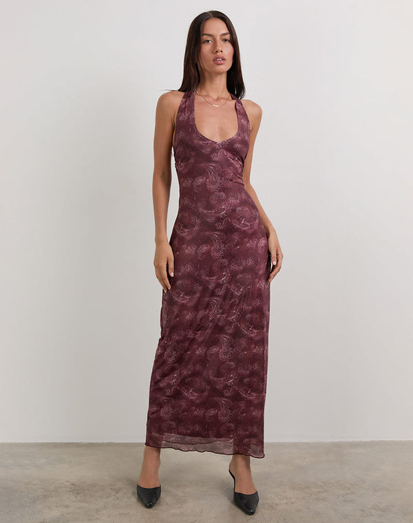 motel rocks Datari Maxi Dress in Mesh Tonal Paisley Plum