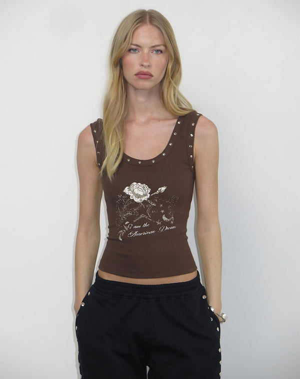 motel rocks Daxio Vest Top in Cocoa American Dream with Studs