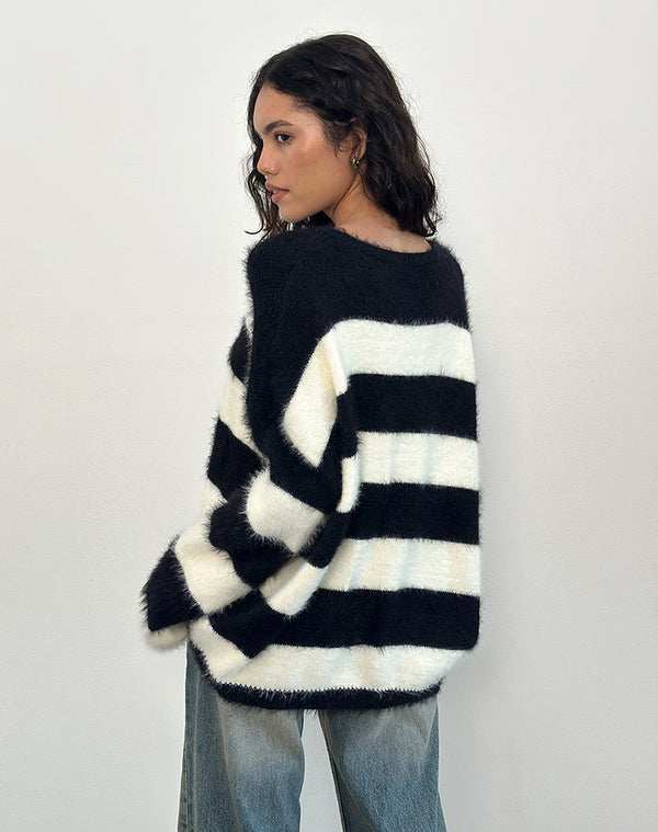 Motel Rocks Daya Fluffy Jumper In Ivory And Black Stripe