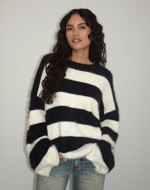 motel rocks Daya Fluffy Jumper in Ivory and Black Stripe