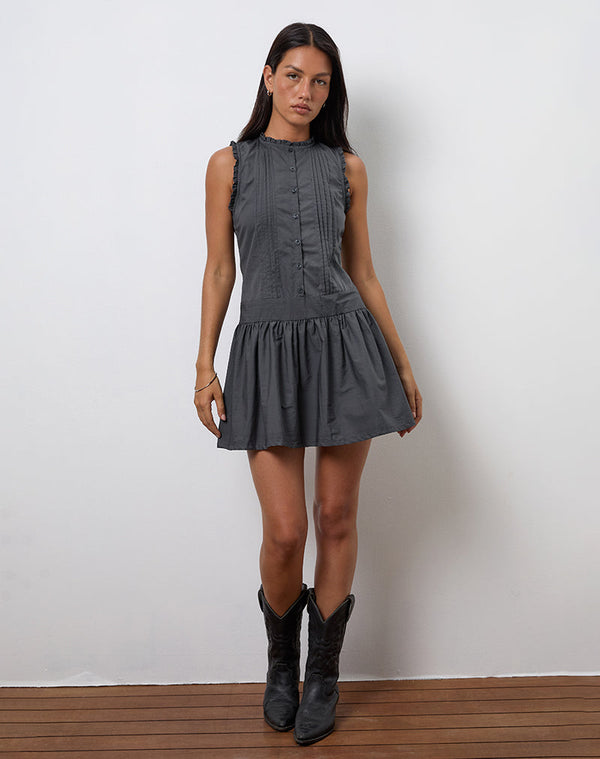 Motel Rocks Dayara Mini Dress In Poplin Charcoal Grey