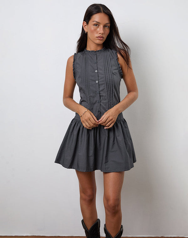 Motel Rocks Dayara Mini Dress In Poplin Charcoal Grey