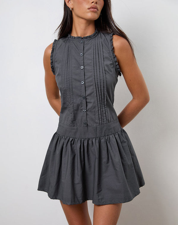 motel rocks Dayara Mini Dress in Poplin Charcoal Grey