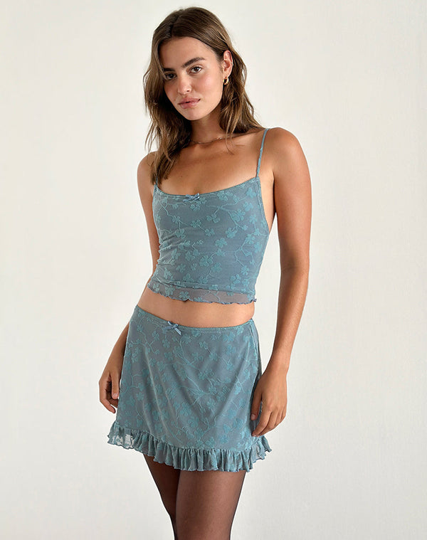 motel rocks Deri Cami Top in Grunge Floral Blue Grey