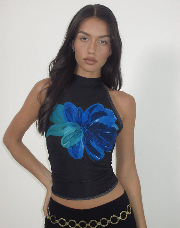 Motel Rocks Diana Halterneck Top In Watercolour Flower Blue
