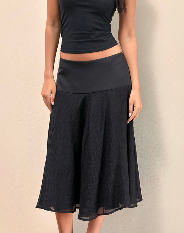 motel rocks Diera Satin Chiffon Midi Skirt in Black