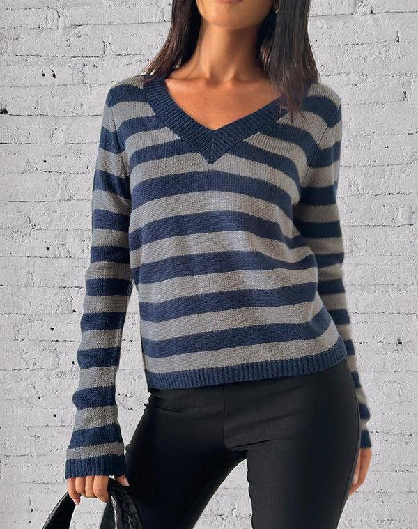motel rocks Dikara V Neck Jumper in Tonal Blue Stripe