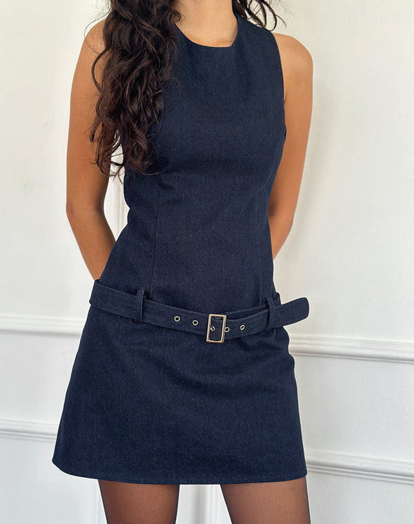 Motel Rocks Dilshan Belted Mini Dress In Chambray Indigo