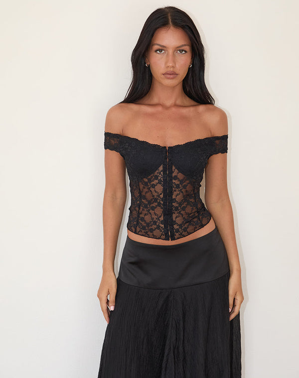 motel rocks Dovica Corset Top in Black Canina Rose Lace