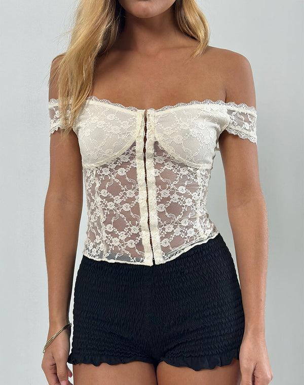 motel rocks Dovica Corset Top in Ivory Canina Rose Lace