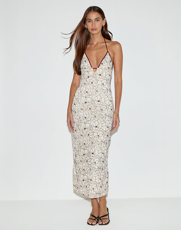 motel rocks Druvish Midi Dress in Line Flower Cream