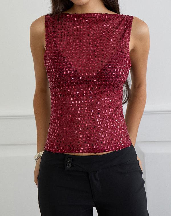 Motel Rocks Dudley Vest Top In Sequin Knit Burgundy