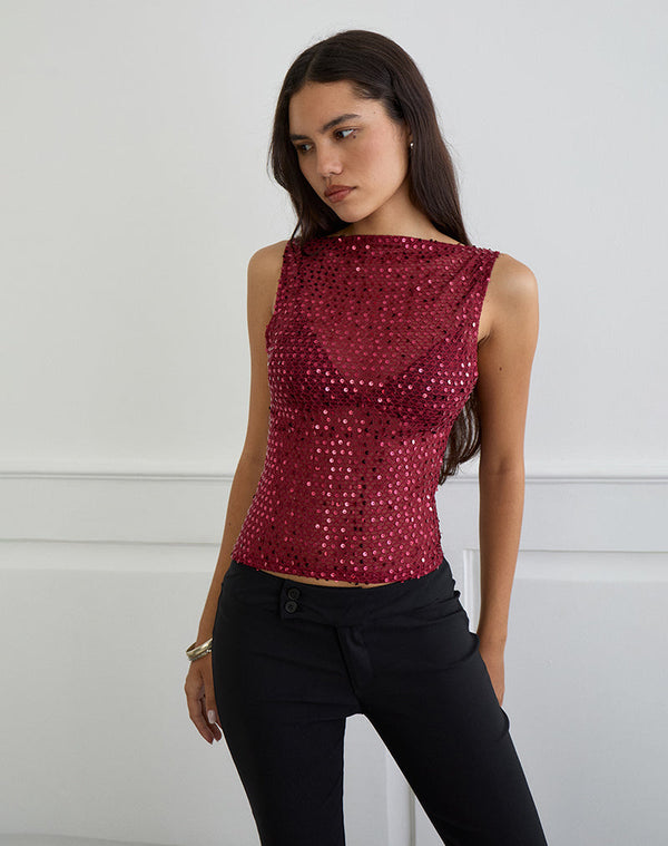 Motel Rocks Dudley Vest Top In Sequin Knit Burgundy