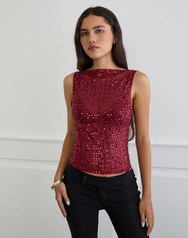 motel rocks Dudley Vest Top in Sequin Knit Burgundy