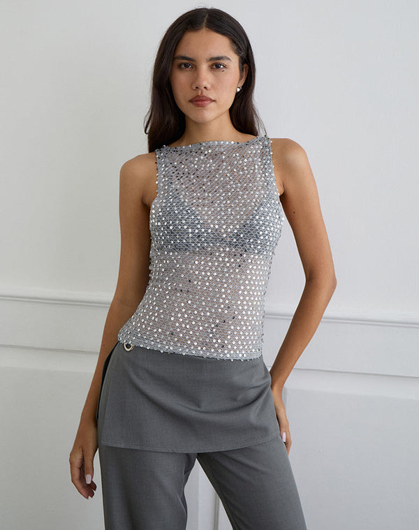 motel rocks Dudley Vest Top in Sequin Knit Dark Silver