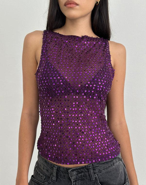 Motel Rocks Dudley Vest Top In Sequin Knit Plum Wine