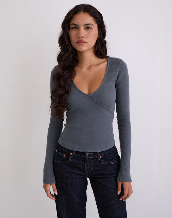 Motel Rocks Dulcet Ribbed Plunge Long Sleeve Top In Blue Granite