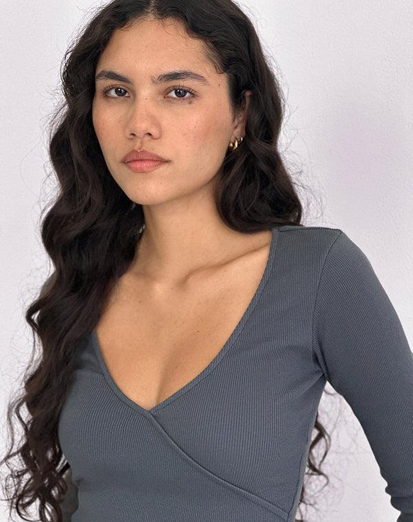 Motel Rocks Dulcet Ribbed Plunge Long Sleeve Top In Blue Granite