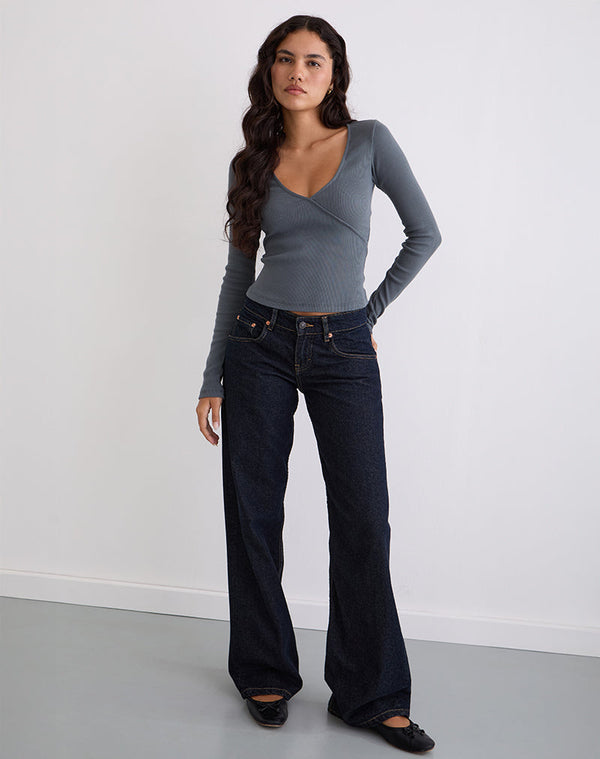 motel rocks Dulcet Ribbed Plunge Long Sleeve Top in Blue Granite