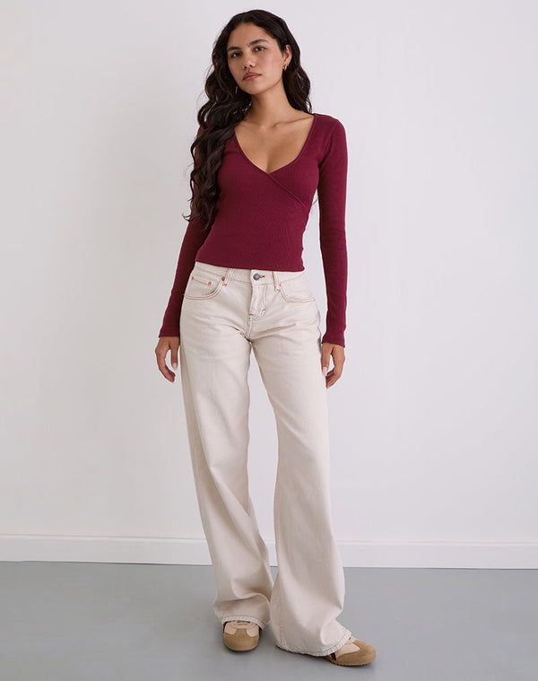 Motel Rocks Dulcet Ribbed Plunge Long Sleeve Top In Burgundy