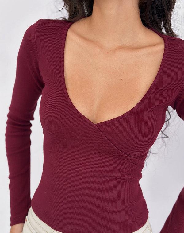Motel Rocks Dulcet Ribbed Plunge Long Sleeve Top In Burgundy