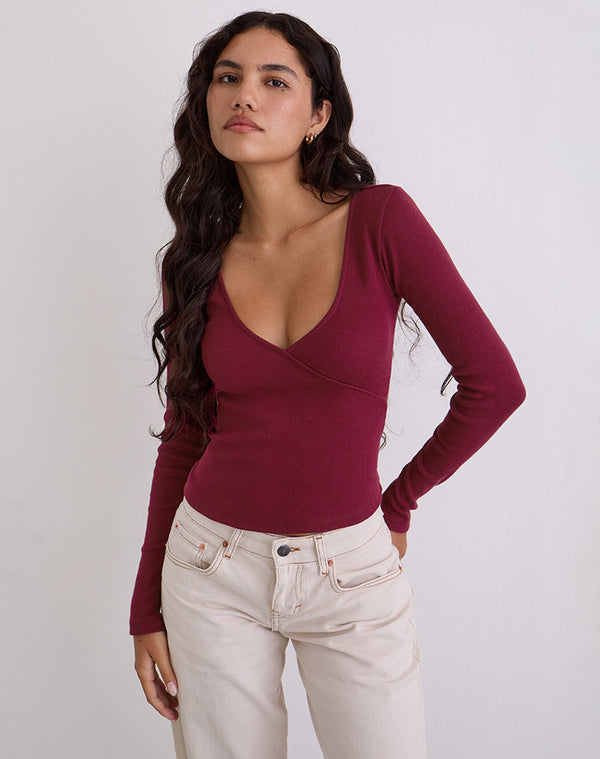 motel rocks Dulcet Ribbed Plunge Long Sleeve Top in Burgundy