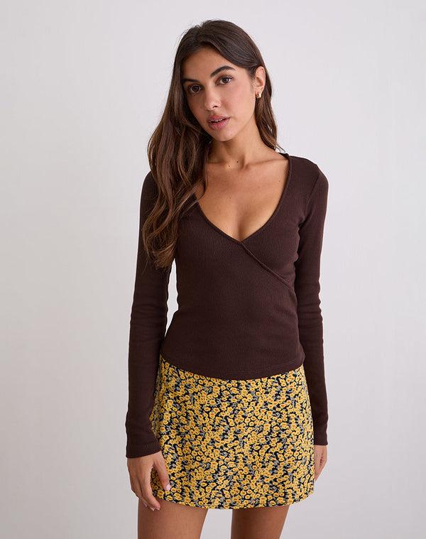 motel rocks Dulcet Ribbed Plunge Top in Chocolate Brown