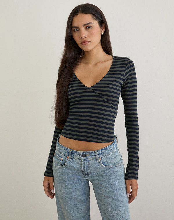Motel Rocks Dulcet Ribbed Plunge Top In Classic Striped Navy And Grey