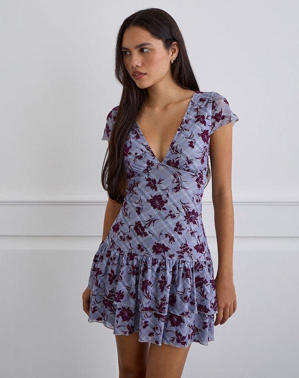 Motel Rocks Elaya Dress In Lotus Flock Checked Lavender